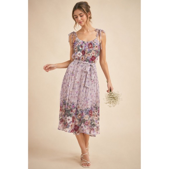Unbranded Dresses & Skirts - Vintage Floral Pleated Tie Strap Midi Sheer Dress Cottagecore Boho Romantic S